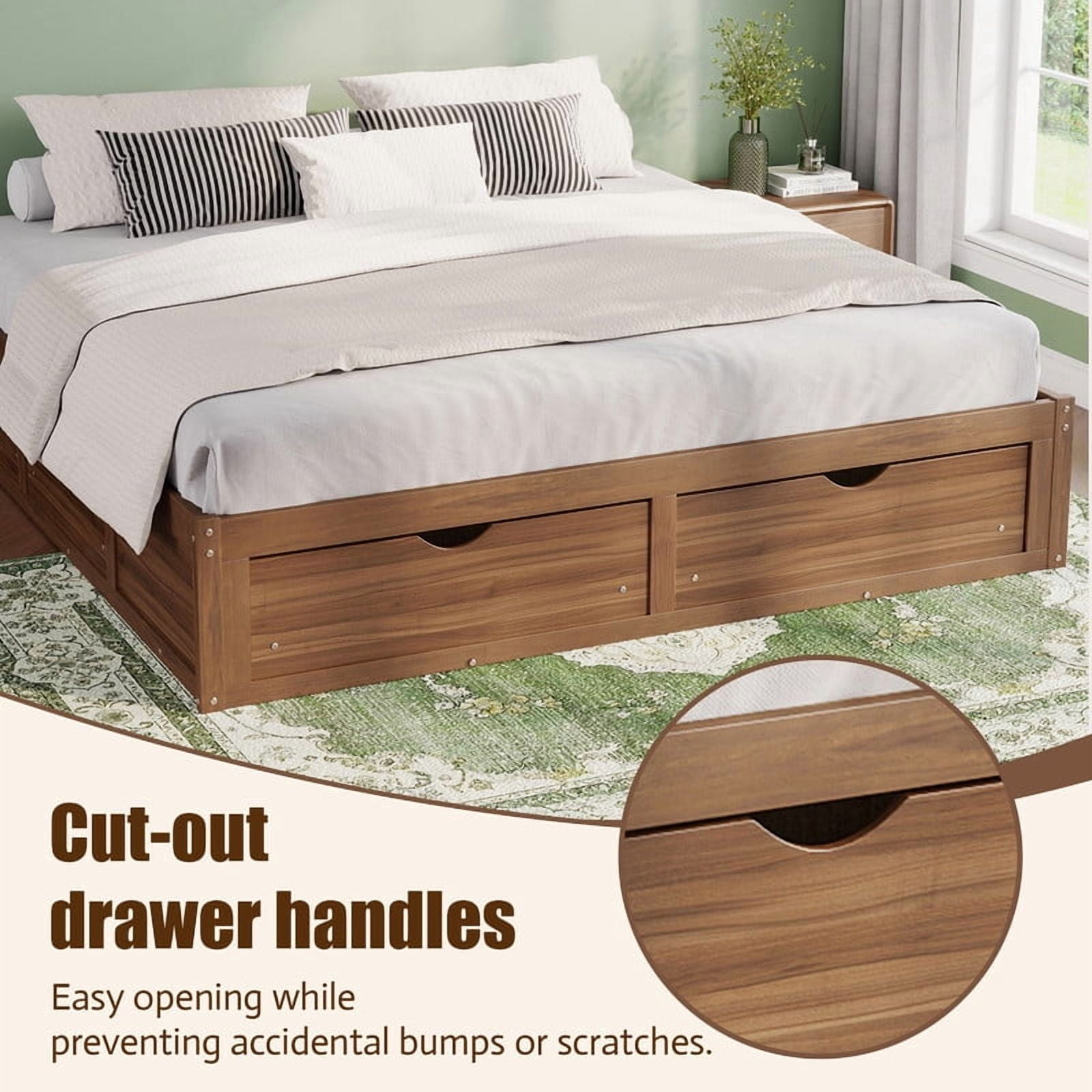 Queen/King Size No Box Spring Required Platform Bed with No Headboard, Wooden Storage Bed Frame with 6 Drawers