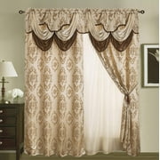 Rod Pocket Jacquard Window 84 Inch Length Curtain Drape Panels w/ attached Valance   Sheer Backing   2 Tassels - 84" Floral Curtain Drape set for Living and dining rooms - Heavy Quality - Beige
