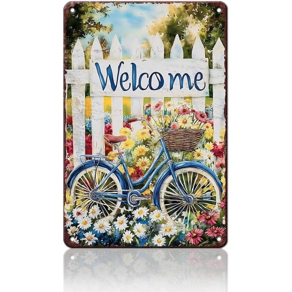 Vintage Spring Garden Metal Tin Sign with Bicycle Welcome Design, 8 x 12 Inch, Wall Decor for Home, Greenhouse, Living Room, Bedroom or Outdoor