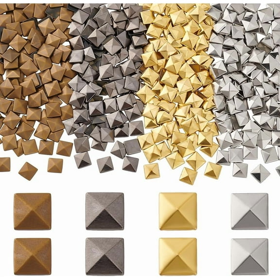 400pcs Flat Back Pyramid Studs Glue on Metal Studs 4 Colors Hotfix Iron on Rivets Square Pyramid Studs for Clothing Bag Leather Shoes DIY Decoration 7X7mm 1set