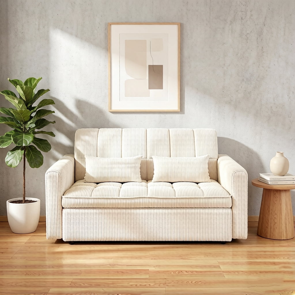 AISWORD Sleeper Sofa Bed, 3-in-1 Convertible Pull Out Couch with Adjustable Backrest for Living Room, Loveseat Sofa Bed with Side Pockets, Beige
