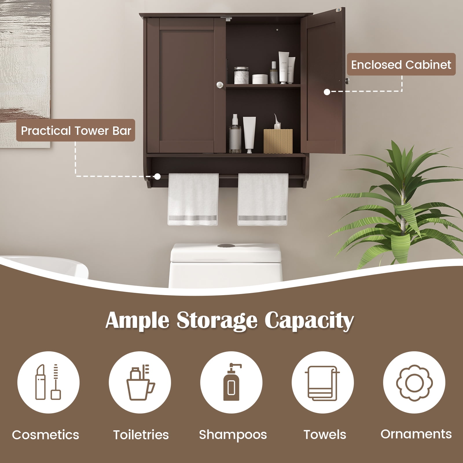 Giantex  Bathroom Cabinet Wall Mounted, Over The Toilet Storage Cabinet, Medicine Cabinet w/Towel Bar, Brown