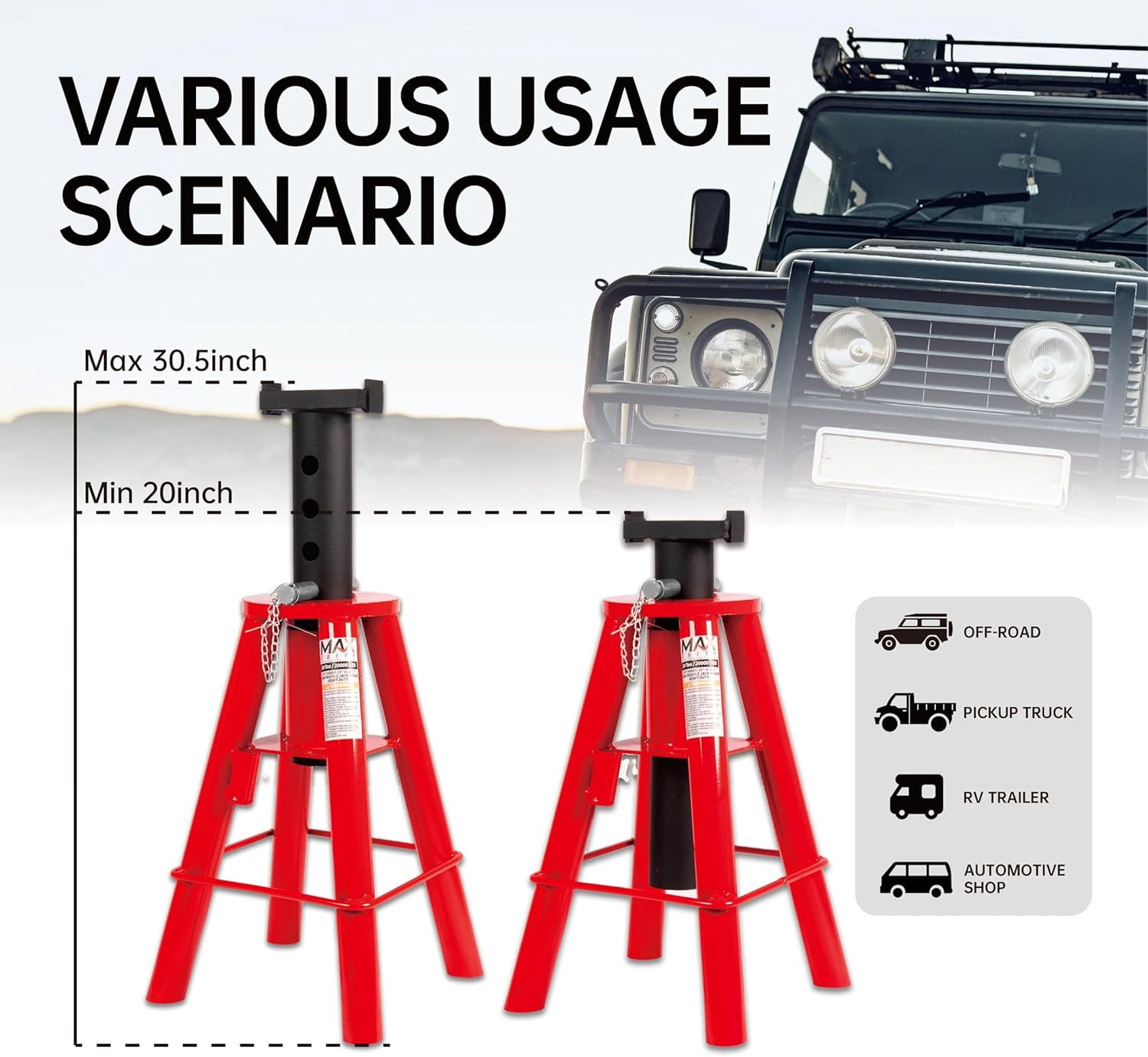10 Ton (20,000) Medium Heavy-Duty Jack Stands, 1 PC, 20″ to 30.5″