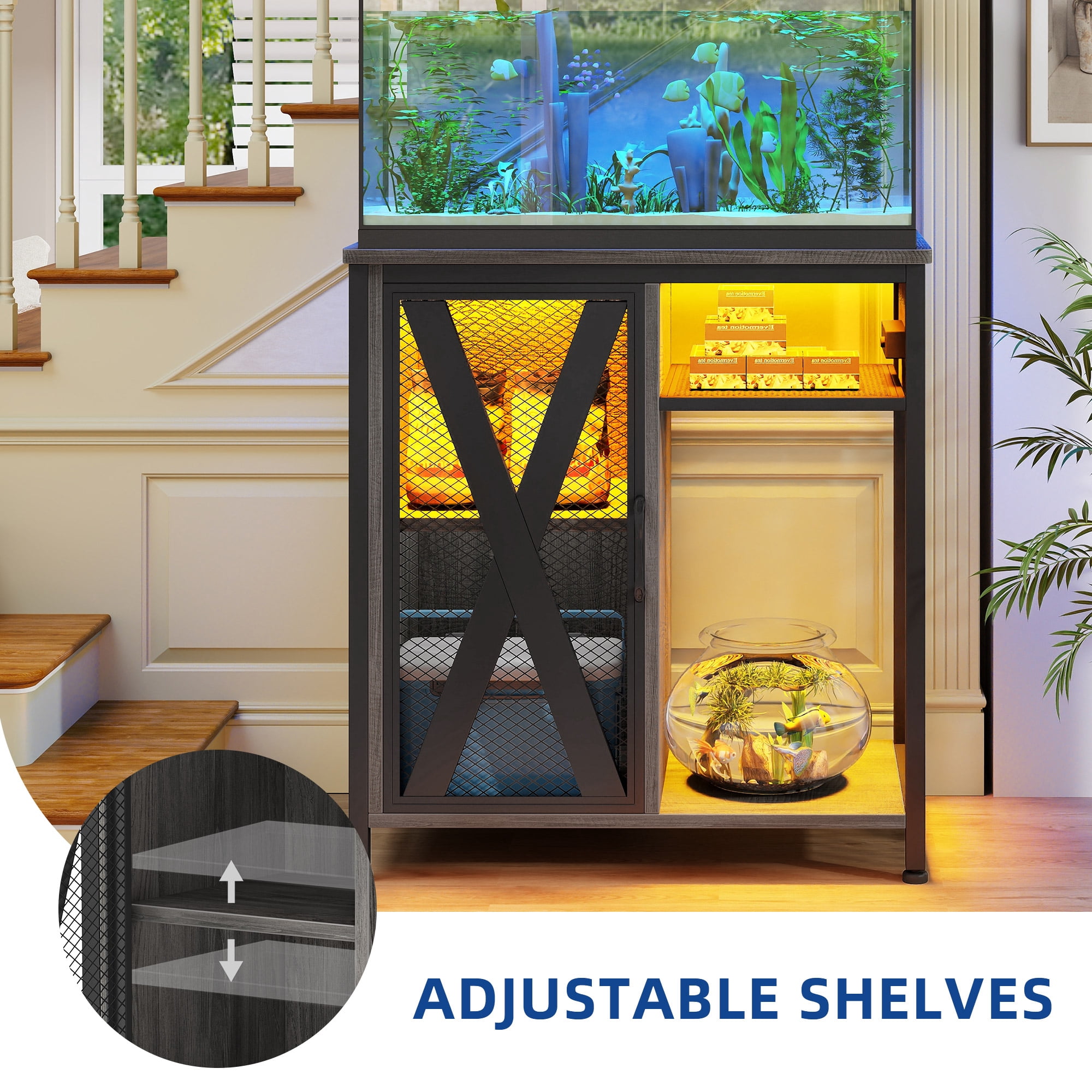 Uforic Aquarium Stand with Power Outlets & LED Light and Cabinet for 20-30 Gallon Fish Tank Stand, Turtle Tank, Reptile Terrarium - Gray