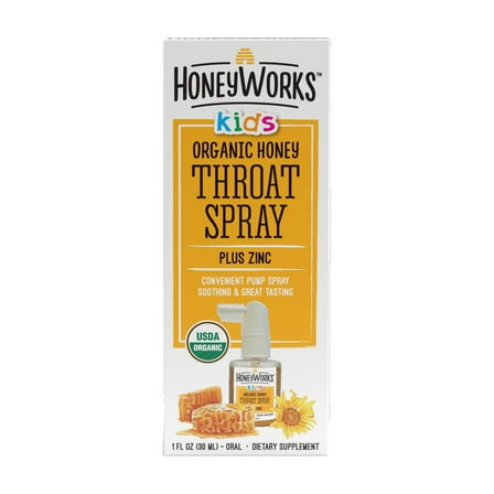 HoneyWorks Kids Throat Spray, Sore Throat Relief with Organic Dark Honey & Zinc, 1 fl oz