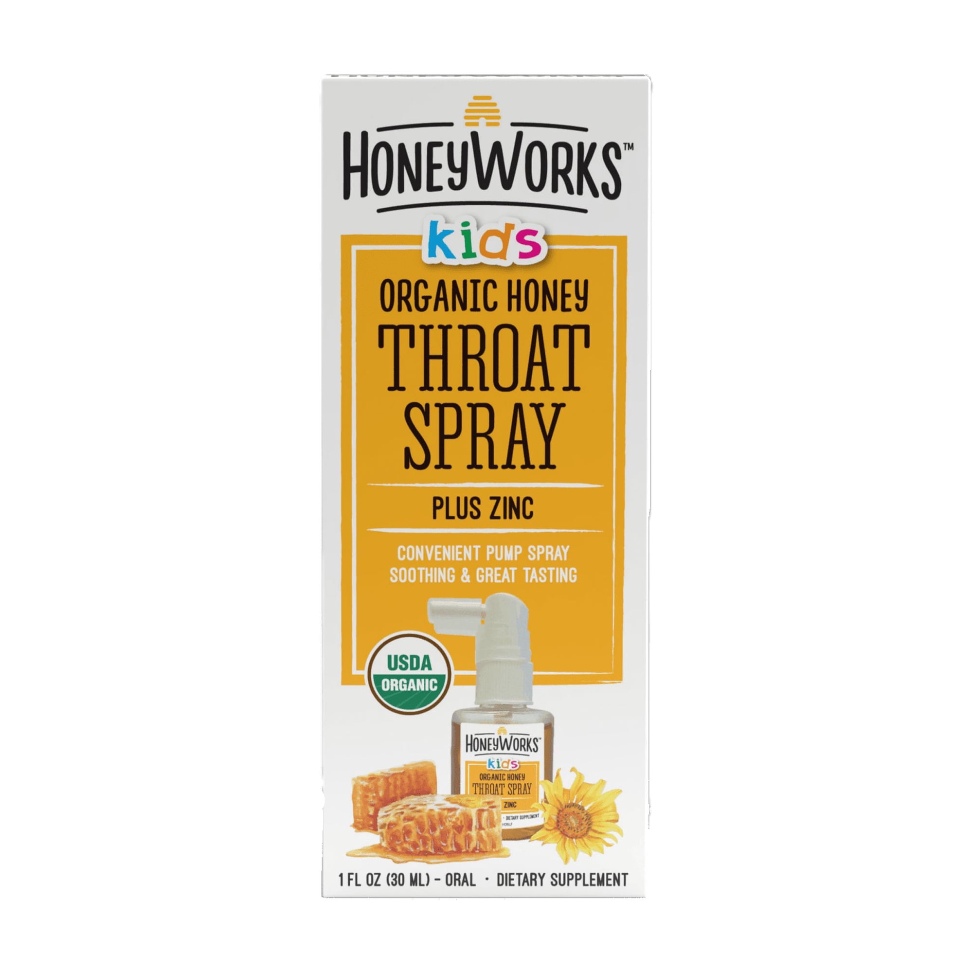 HoneyWorks Kids Throat Spray, Sore Throat Relief with Organic Dark Honey & Zinc, 1 fl oz