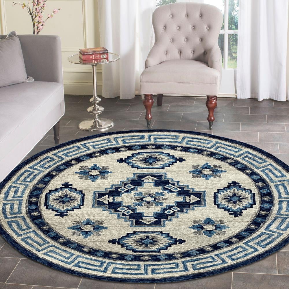 LR Home Fret Blue 3 ft. Round Floral Border Wool Area Rug
