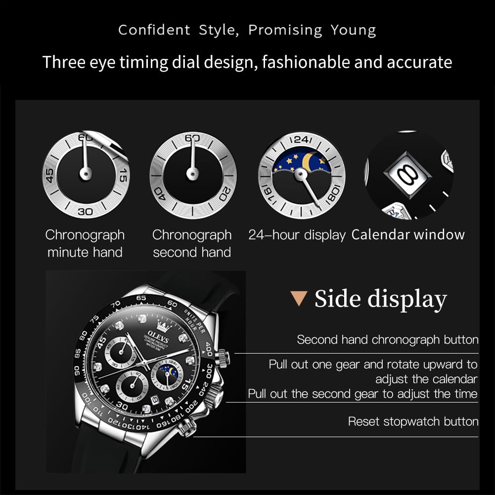 OLEVS Watches for Men Chronograph Multifunction Sport Silicone Luxury Dress Diamond Moon Phase Quartz Male Watch Waterproof Mens Wrist Watches Reloj para Hombre,Gold/Black/White/Blue/Grey Dial