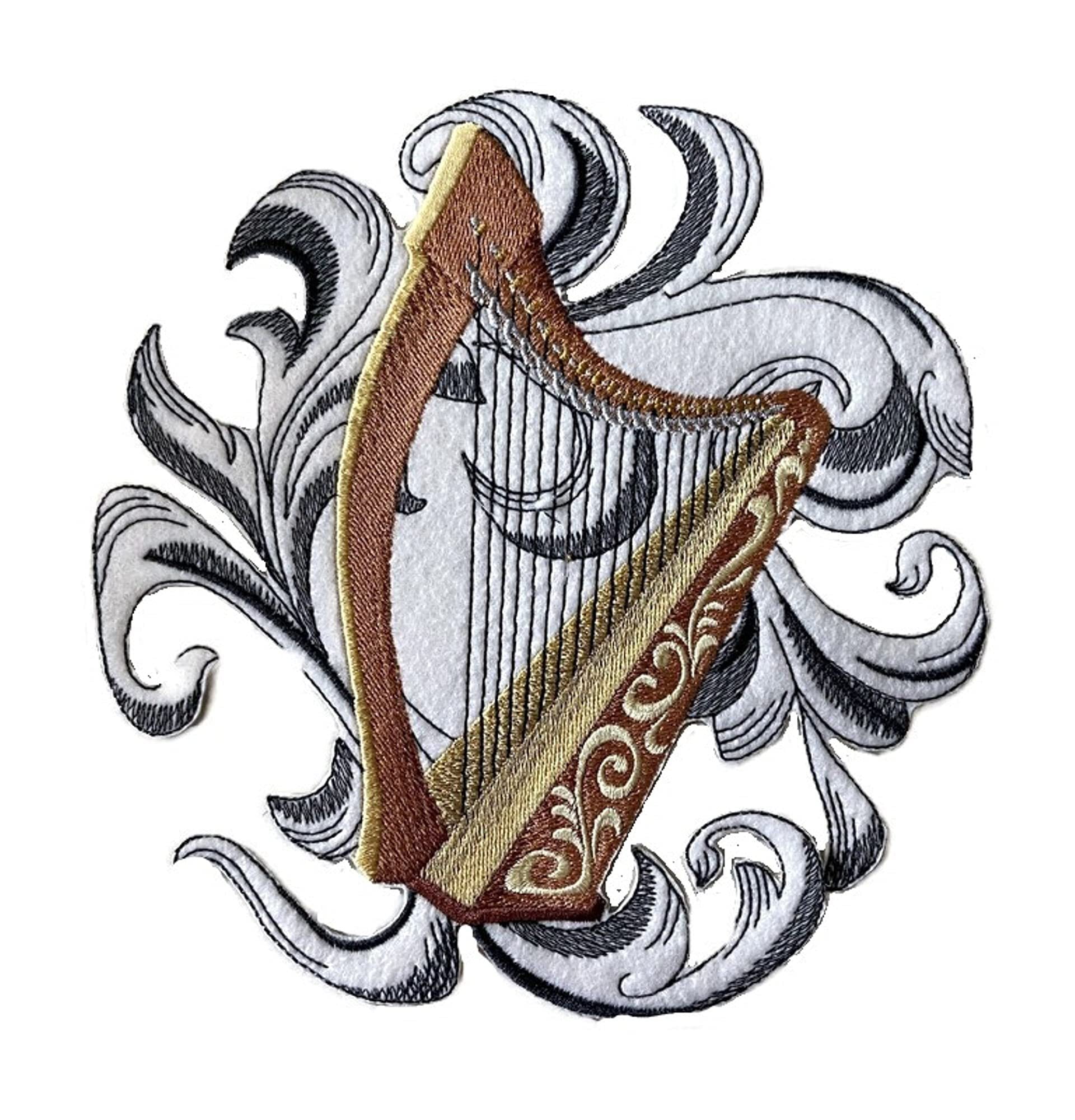 Musical Instruments [Harp with Baroque Background ][Custom and Unique] Embroidered Iron on/Sew Patch (6.9" x 7.17") [Made in USA]