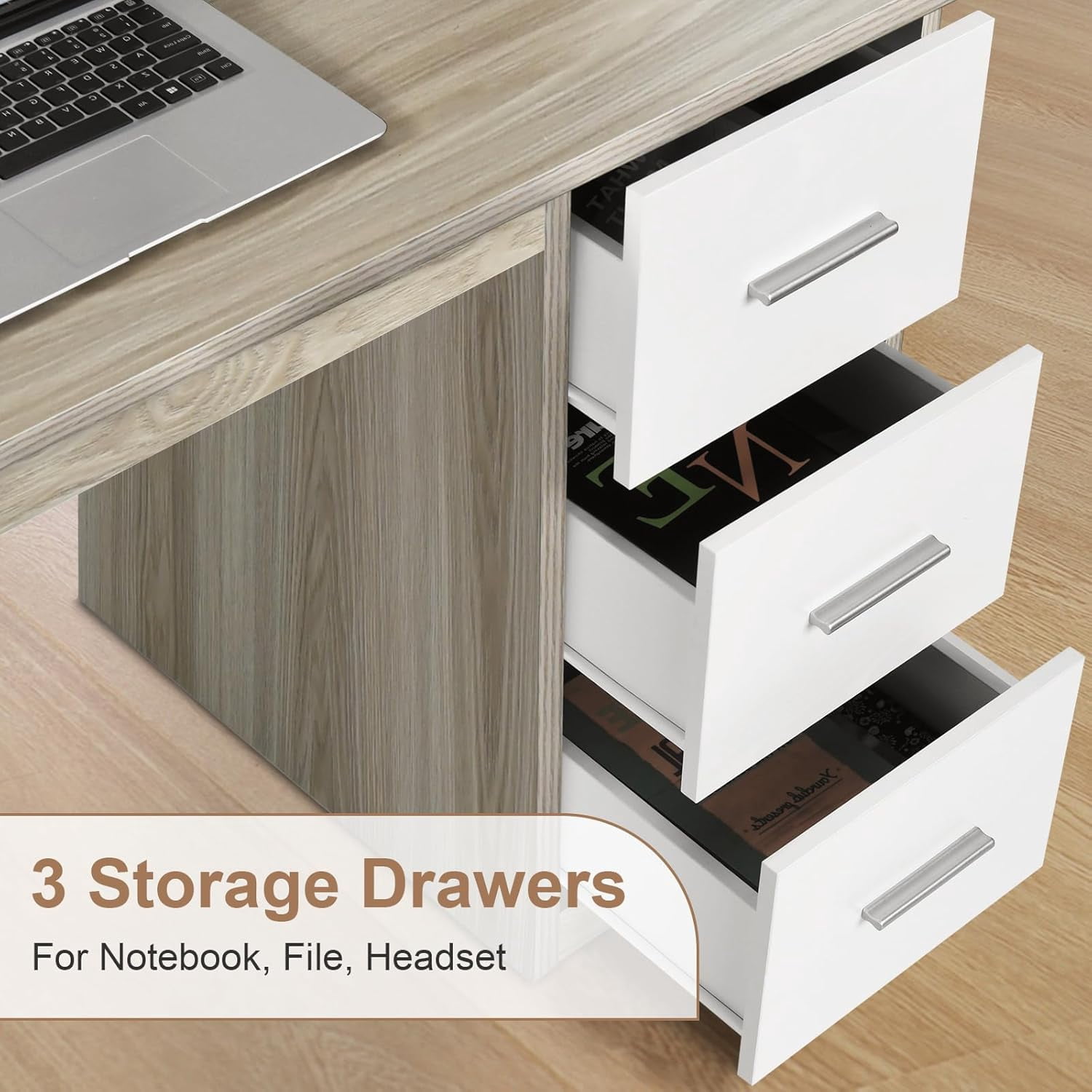 DreamCurship 47 in White Computer Desk, Home Office Desk with Hutch Shelf, Wood Study Writhing Desk with 3 Drawers for Home Office, Oak White