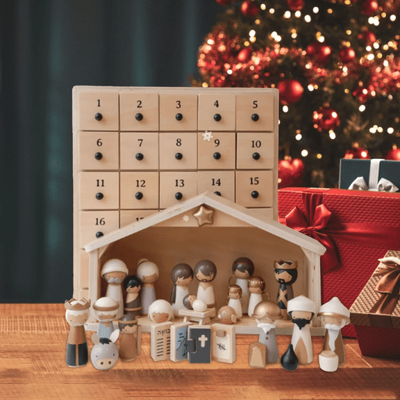 ValHome 25-Day Wooden Nativity Advent Calendar with Stable – Complete Nativity Scene Set with Peg Doll Figures, Christmas Countdown Box for Kids Home, Christmas Decorations Indoor Holiday Decor