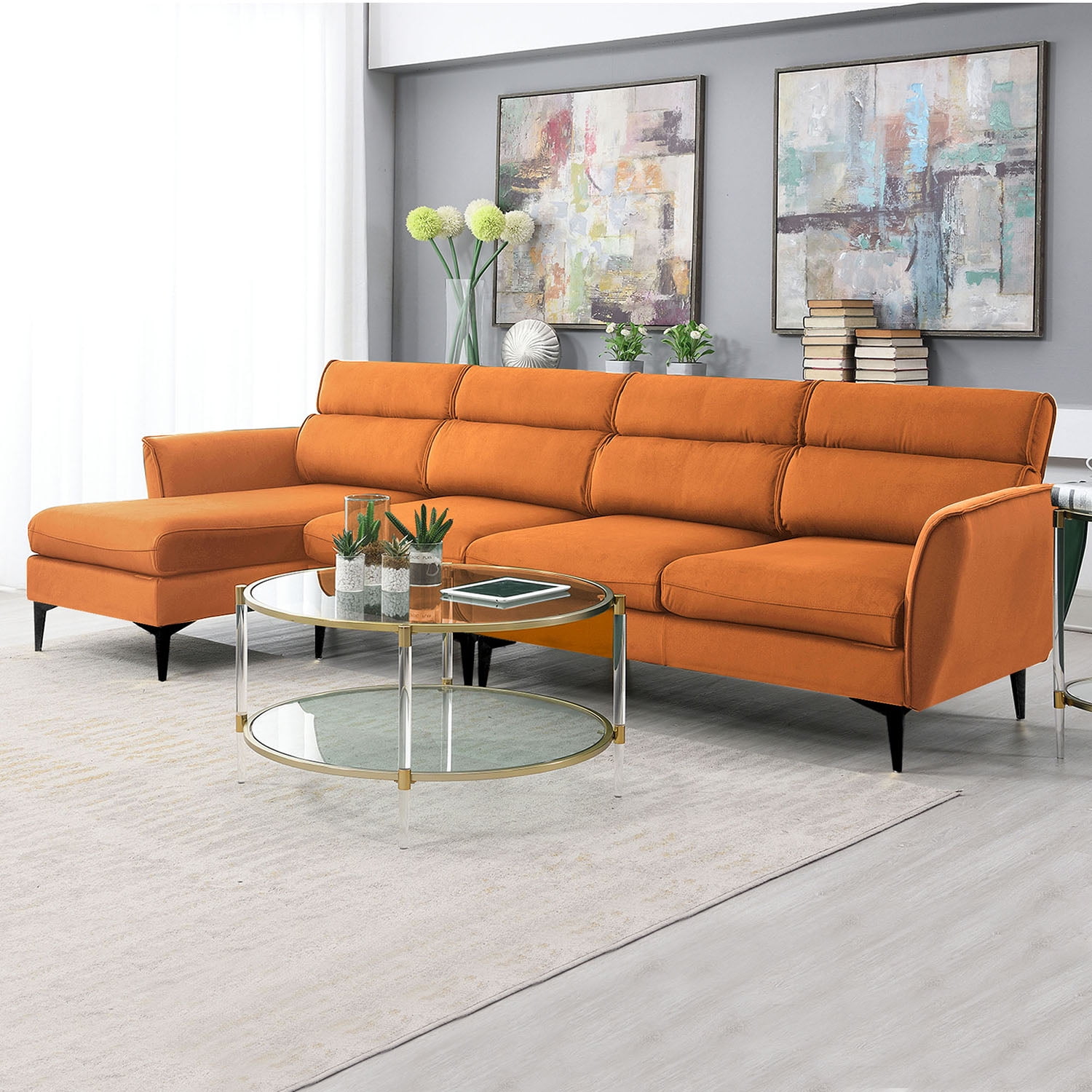 Kadyn 111 " Convertible Sectional Sofa Couch, Flannel L Shape Furniture Couch with Chaise Left/Right Handed Chaise, Modern Fabric Sofa for Apartment, Orange Kadyn 111 " Convertible Sectional Sofa Couch, Flannel L Shape Furniture Couch with Chaise Left/Right Handed Chaise, Modern Fabric Sofa for Apartment, Orange