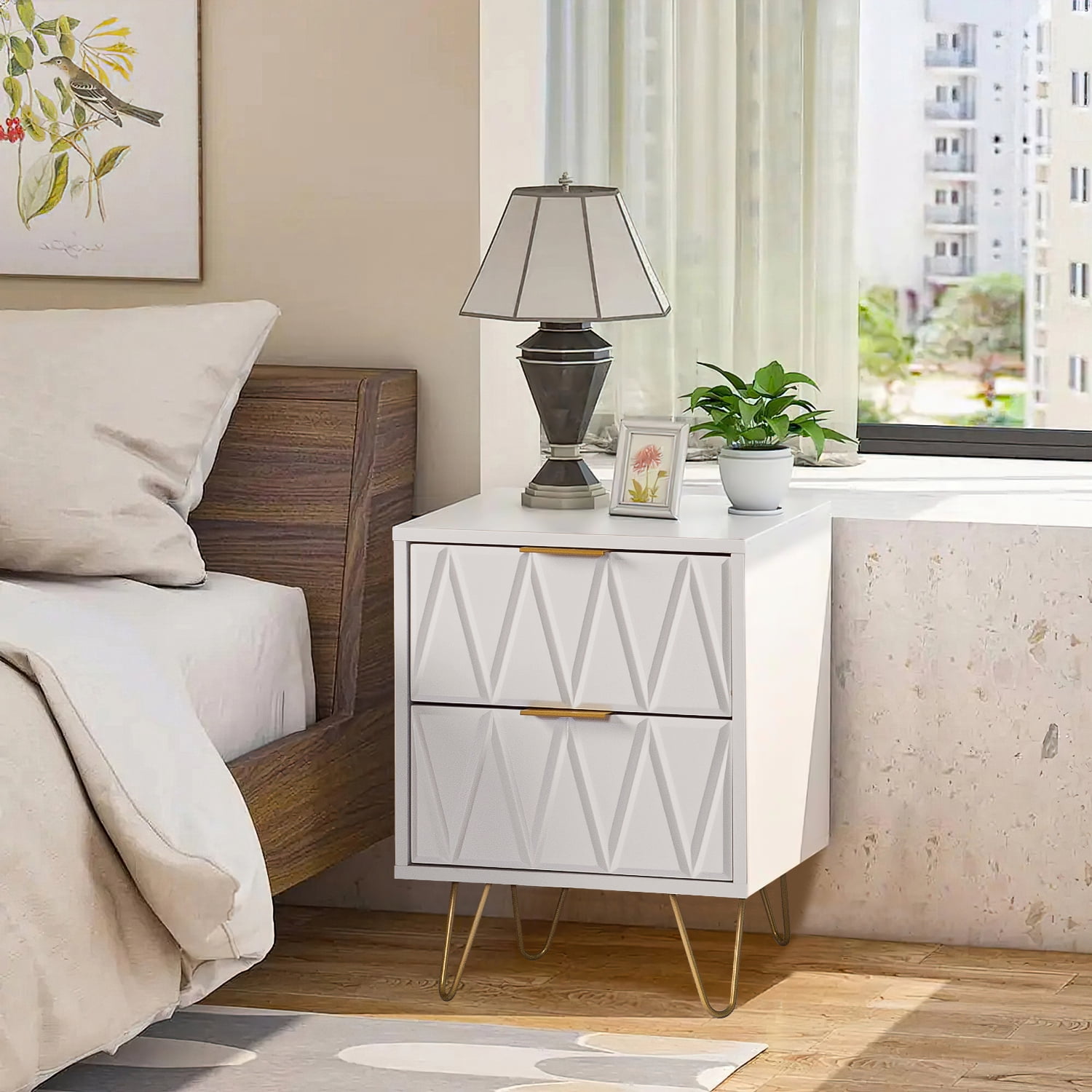 Resenkos 2-Piece Geometric Pattern Nightstands with Gold Hairpin Legs & Brass Handles, Modern Bedside Storage Cabinets for Bedroom, White