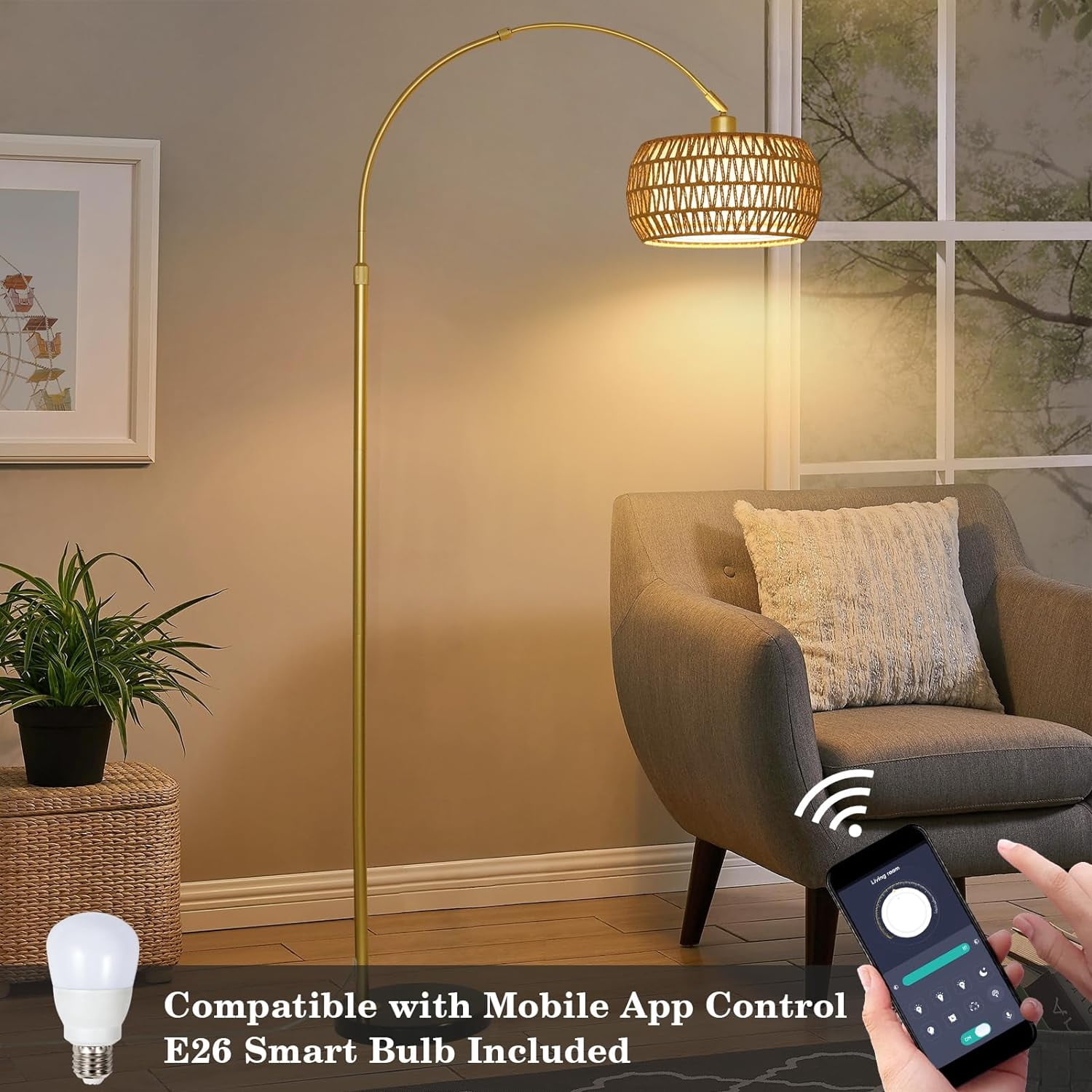 Gold Arc Floor Lamp with Remote, Dimmable, Rattan and Metal, Height Adjustable