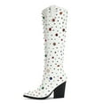 thumbnail image 3 of YDN Women Fashion Rhinestone Studded Knee High Boots Pull On Chunky High Heels Prom Daily Western Long Boots Size 6.5 White, 3 of 3
