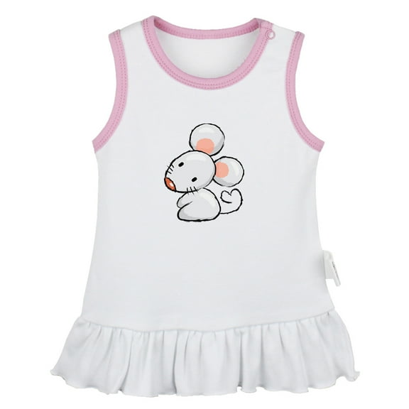 Animal Clever Mouse Pattern Dresses For Baby, Newborn Babies Skirts, Infant Princess Dress, 0-24M Kids Graphic Clothes (White Sleeveless Dresses, 0-6 Months)