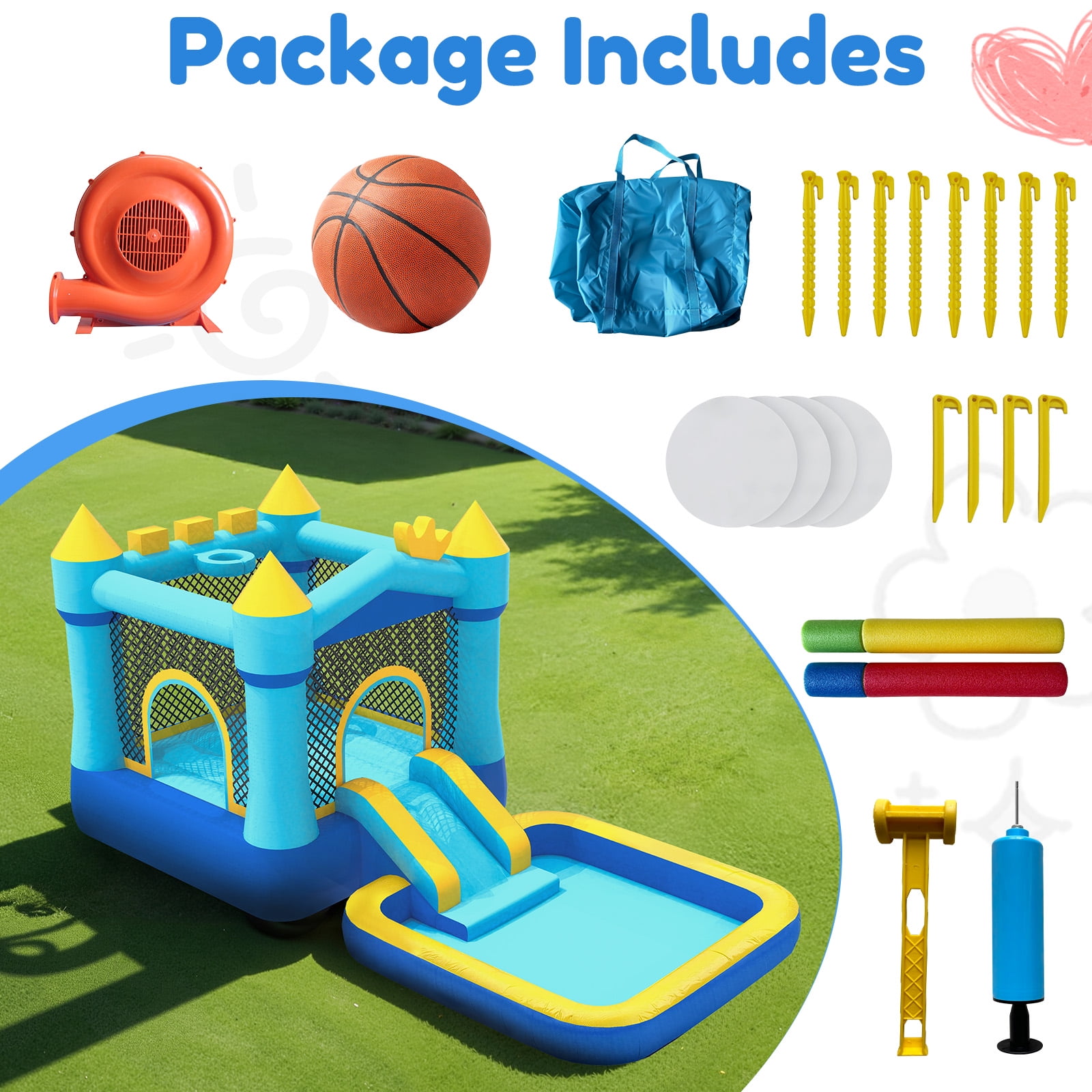 Mukidy 145''x 75'' x 73'' Inflatable Bounce Houses for Kids 3-8 with Blower Ball Pit and Large Pool Outdoor/Indoor Bouncy House, PVC, Child, Teen, Toddler，Blue