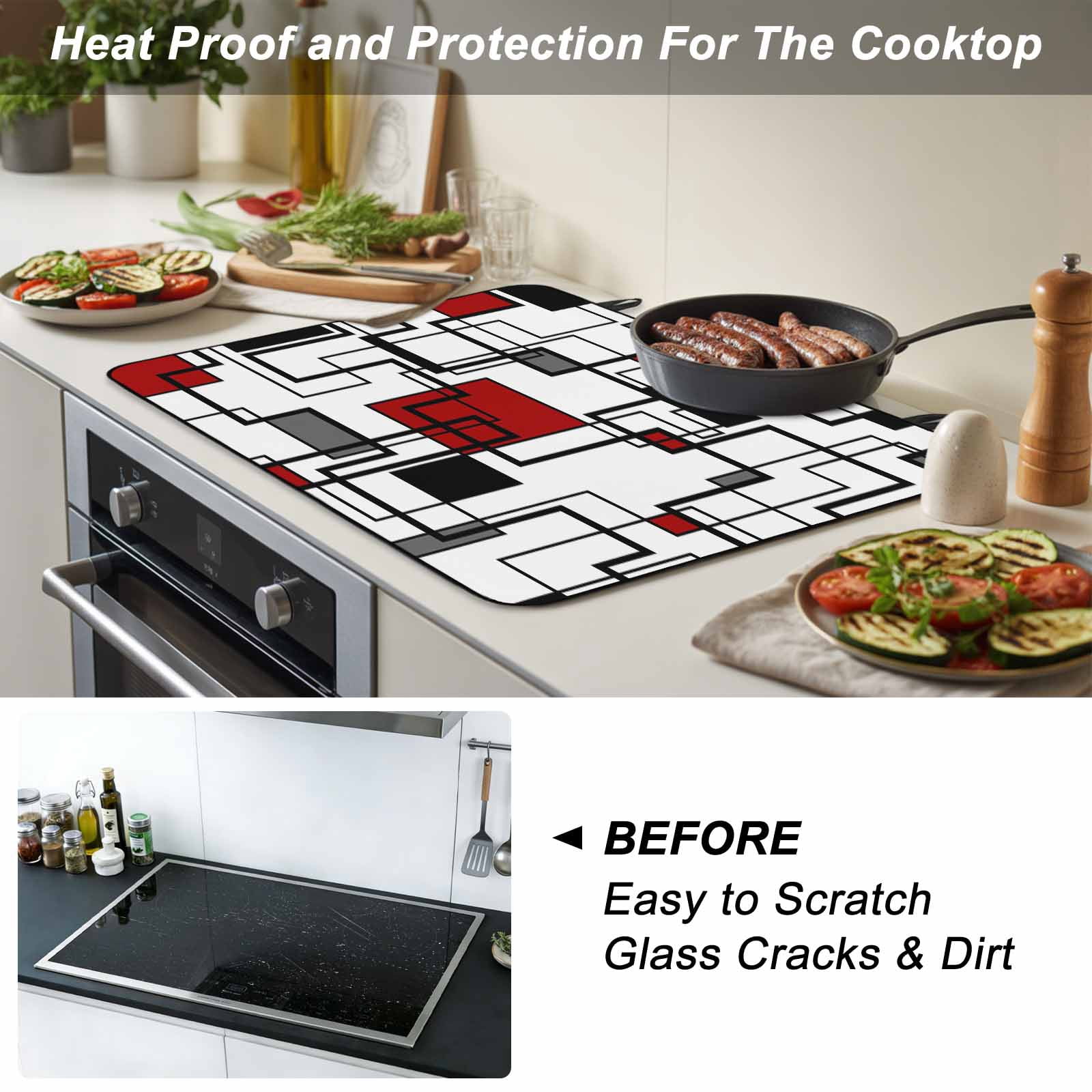 Red Geometric Stove Top Cover for Electric Stove, Heat-proof & Non Slip Glass Top Stove Cover Protector, Modern Black Gray Abstract Striped Art Kitchen Flat Cooktop Rubber Mat 28.5x20.5 Inches