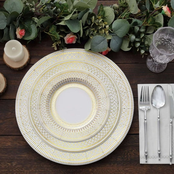 Balsa Circle 25 White 13 in Round Disposable Paper Charger Plates Gold Vintage Design Party Events Decorations