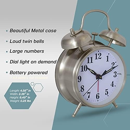 -Big Ben Twin Bell Alarm Clock | Loud Alarm Clock for Heavy Sleepers | Battery Operated Metal Clock with Backlight for Bedside Table, Bedroom, Kids Room, Desk (Silver, 4")