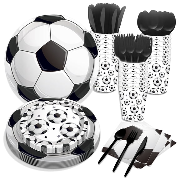 CC HOME Soccer Theme Birthday Party Tableware Set Serves 16 Disposable Paper Plates, Napkins, Cups, Forks, Soccer Theme Birthday Party Supplies for Boys