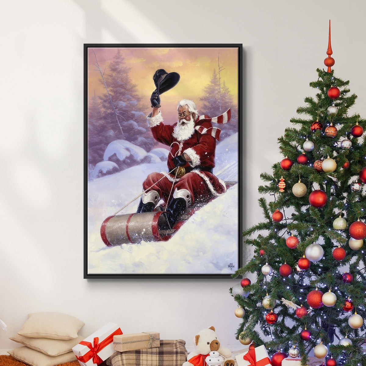 Here Comes Santa - Framed Gallery Wrapped Holiday Canvas - 25 x 37 - Black Frame