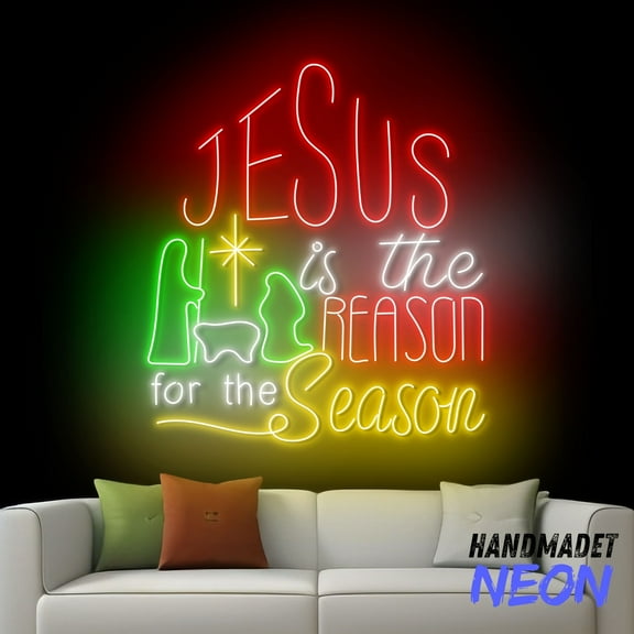 Handmadetneonsign Jesus Is The Reason For The Season Neon Sign, Nativity Scene Led Sign, Christian Christmas Decor 80912