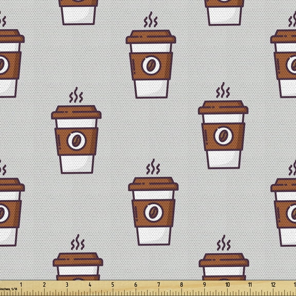 Ambesonne Espresso Grey Fabric by the Yard Upholstery, Coffee Cups Pattern, 3 Yards, Pale Grey Cinnamon
