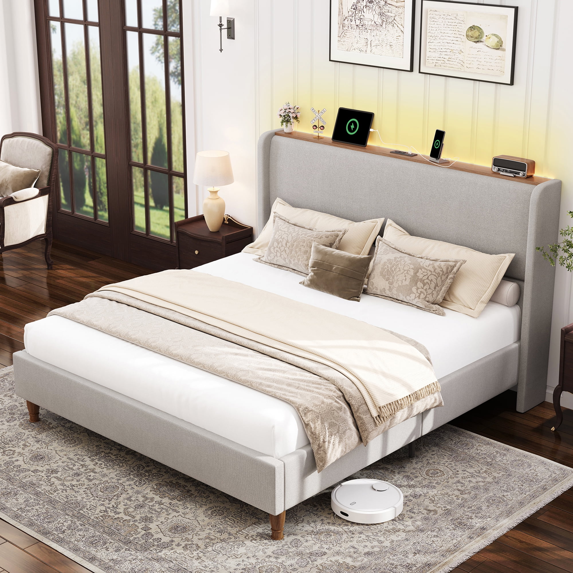 Breltam Upholstered Platform Bed with Wingback Headboard, Queen Size Bed with LED Lights and Charging Station, Light Gray