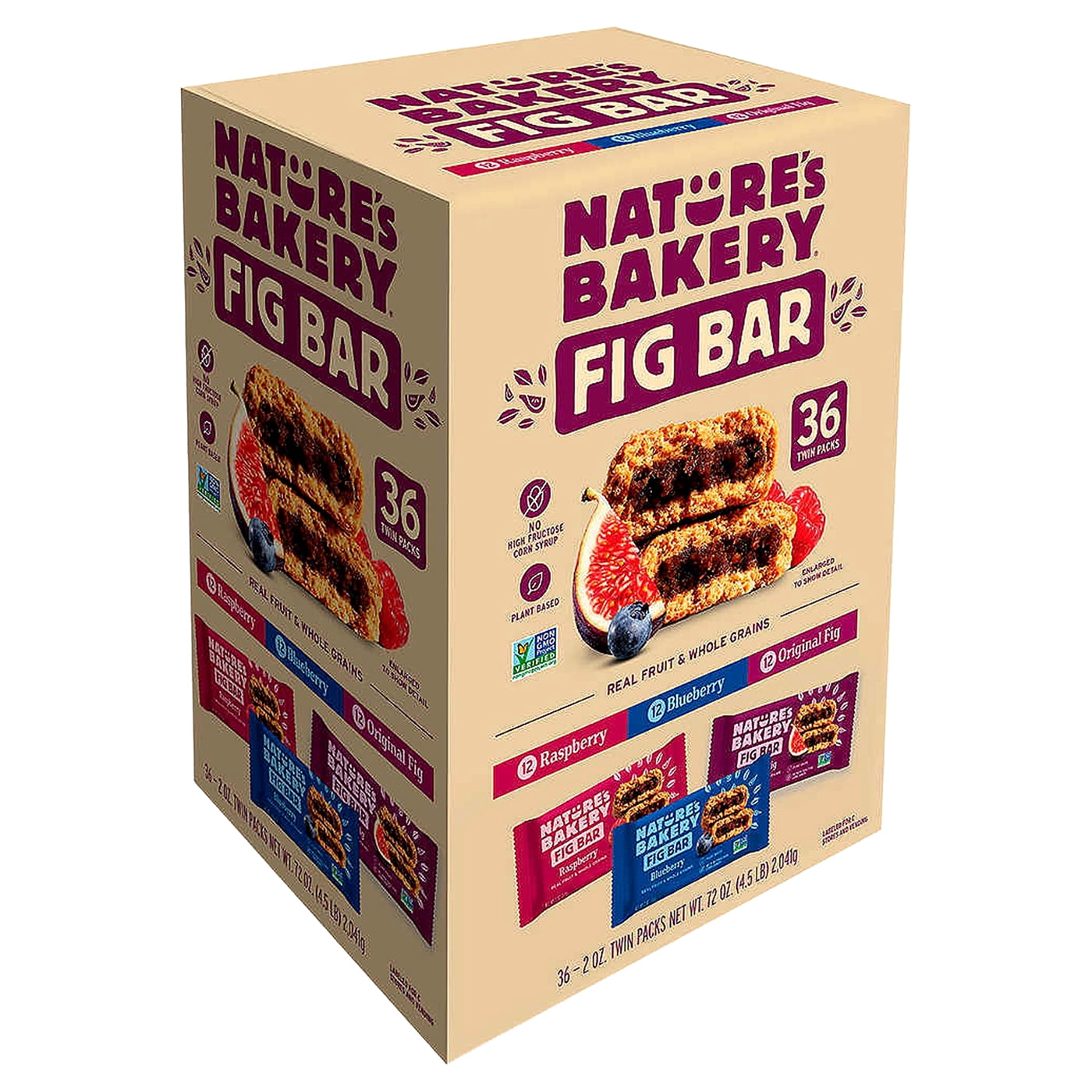 Nature Bakery's Fig Bar Variety Pack 3 Flavors: Fig, Blueberry, and Raspberry 2 Oz. Bar (36 Twin Packs)