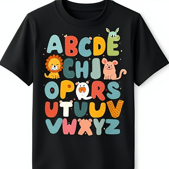 Colorful Cartoon Animal Alphabet Black T-Shirt for Fun & Engaging Design