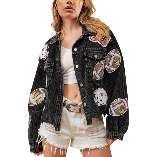 Women's Cropped Corduroy Jacket Football Sequin Patched Short Button Raw Hem Jacket Coat