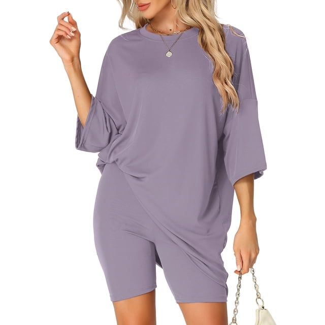 Conjunto de lounge de gran tamaño para mujeres INSPIRE CHIC, sudaderas de entrenamiento, camiseta con pantalones cortos de ciclista, conjuntos XL en gris y púrpura