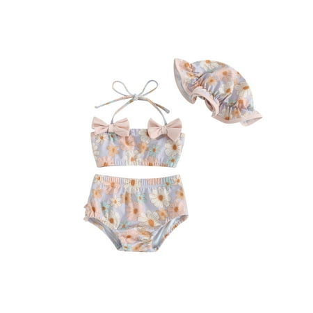 

Baby Girl Swimsuit Outfits Halter Neck Flower Print 3D Bow Sleeveless Swimsuit + Swim Shorts + Swim Cap Toddler Beachwear Set