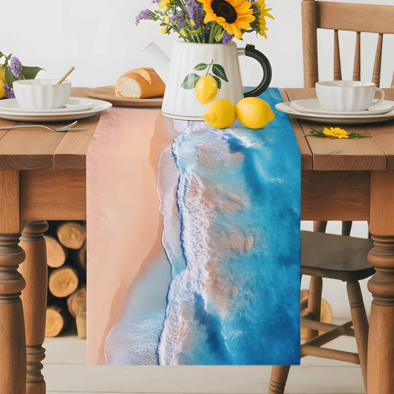 Abstract Ocean Coastal Beach Table Runner 90 Inches Long, Summer Blue White Sea Wave Painting Table Runners Tabletop Scarf Kitchen Dining Tables Decoration for Home Party Indoor Outdoor
