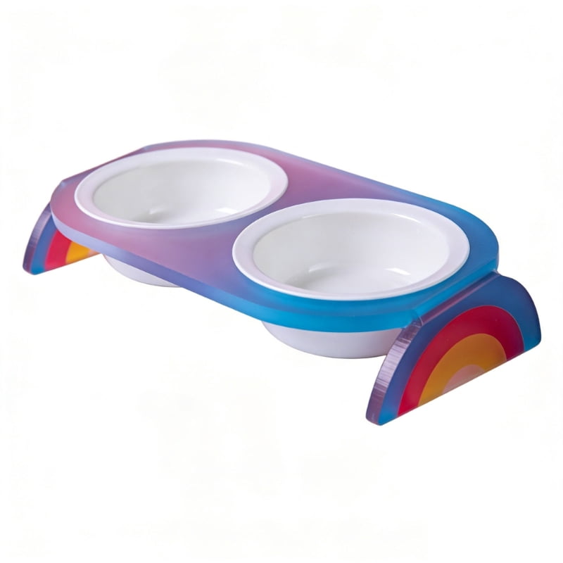 Yiran Ceramic Double Cat Bowl with Rainbow Stand, Blue