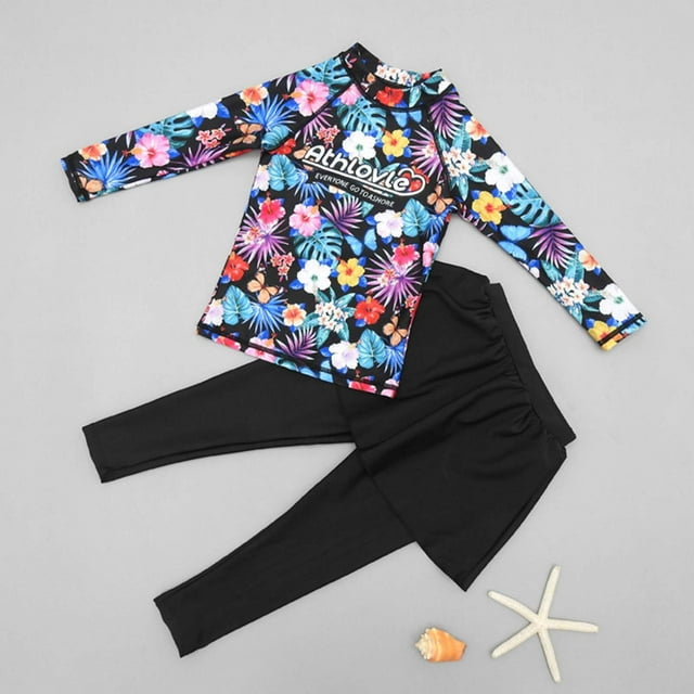 LSLJS Girls Long Sleeve Swimsuit Two Piece Floral Print Swimwear Swimsuit Skirt Style Long Pants Surfing Split Set Sun Protection Bathing Suits Gifts for Kids