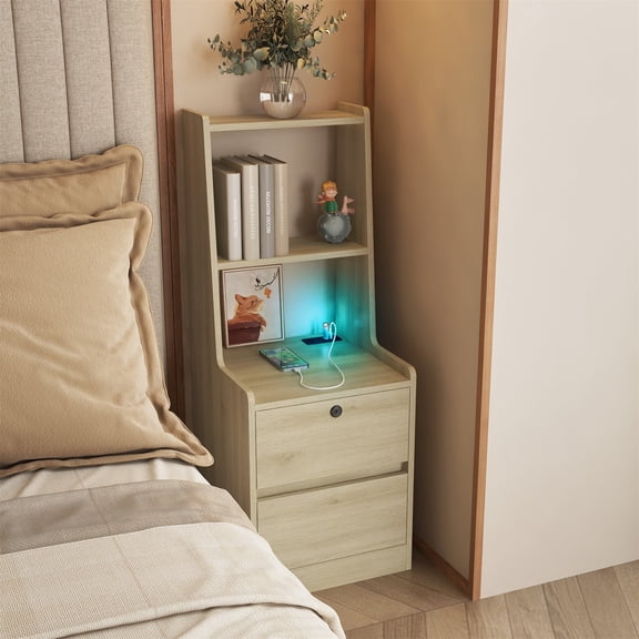 Hommoo Nihgthstand with 2 Drawers and Bookshelf, Modern Bedside Table with Night Light and Charging Station, Natural
