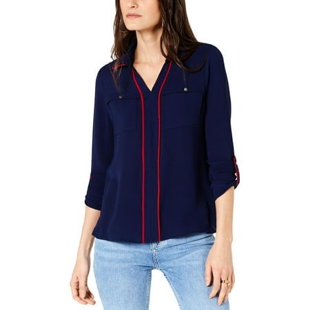 NY Collection Womens Petites Piped V-Neck Blouse