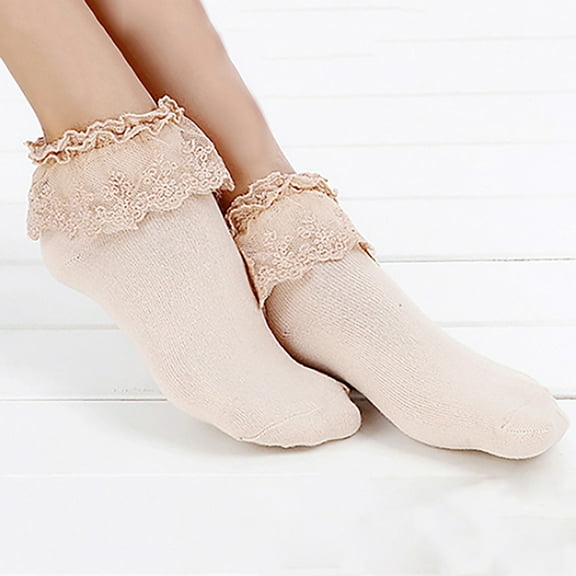 Zhuge 1 Pair Women Ankle Socks, Lace Ruffle Frilly Comfortable Cute Cotton Socks Ladies Girl Princess Lace Socks,Khaki