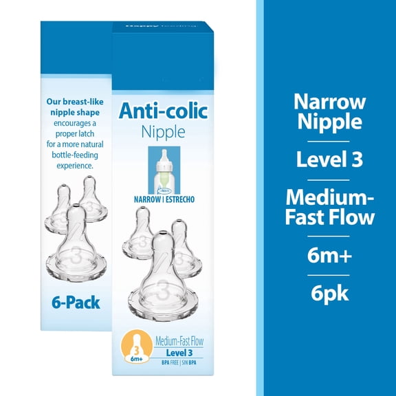 XIRQI Natural Flow Level 3 Narrow Baby Bottle Nipple,Medium-Fast Flow,6m+,100% Silicone,baby bottle nipples 6 Pack
