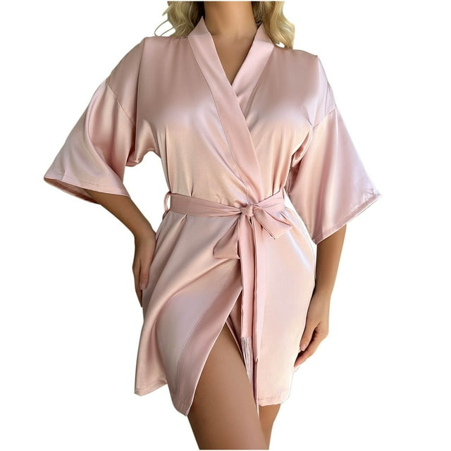 AherBiu Peignoir en Satin pour Femmes, Robe de Chambre Ouverte, Nuisette, Robe de Sommeil en Soie avec Ceinture