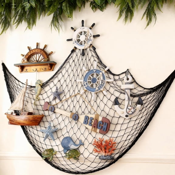 Topboutique Fish Net 2 Pcs Decorative Fishnet Nautical Decor Fishing Net Hanging Decor Wall Hanging Fishing Net for Party,Black