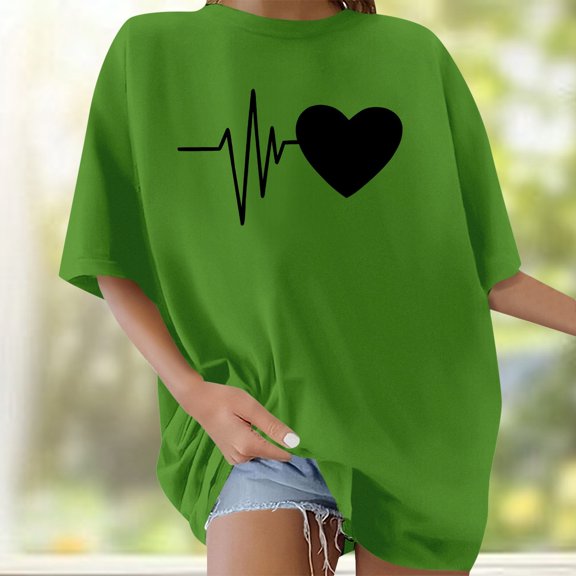 Graphic Tees for Women T-Shirts Women's Oversized Heartbeat Print Short Sleeve Round Neck Casual Tee for Women Daily Comfort Fit Graphic Top Green L