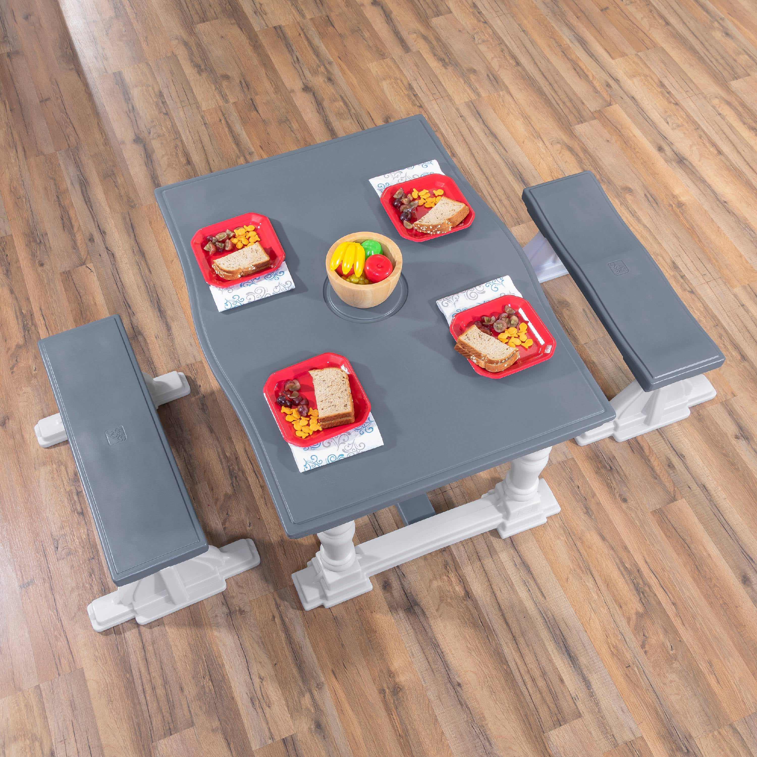 Step2 Brandclub Step2 3 Piece Gray Farmhouse Table And Bench Set Seats Four Children