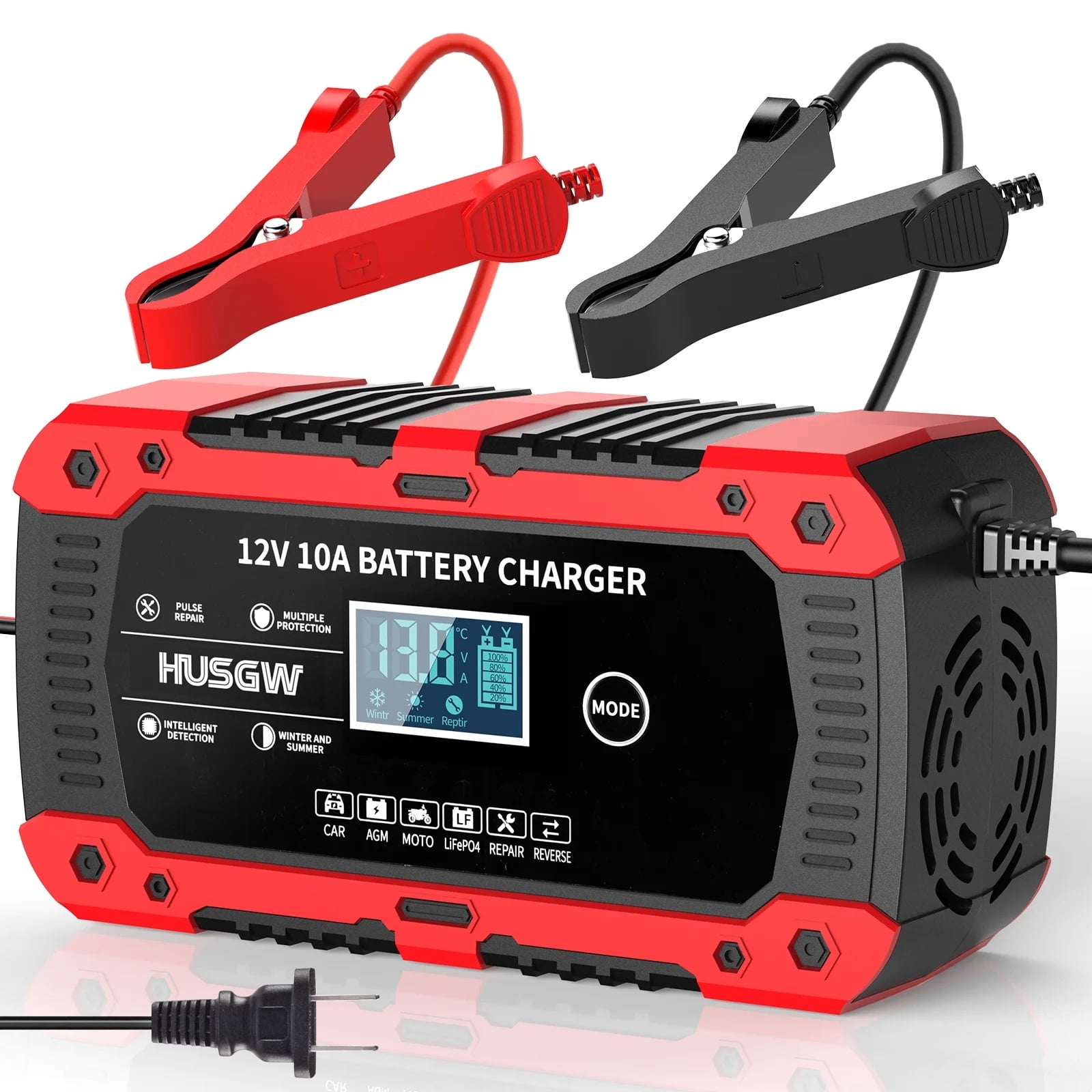 HUSGW Battery Charger 10-Amp 12V Fully-Automatic Smart Car Battery Charger, Battery Maintainer Trickle Charger, Compatible with Lead-Acid & LiFePO4  Iron Batteries，AGM, STD, Gel, Deep Cycle Batteries
