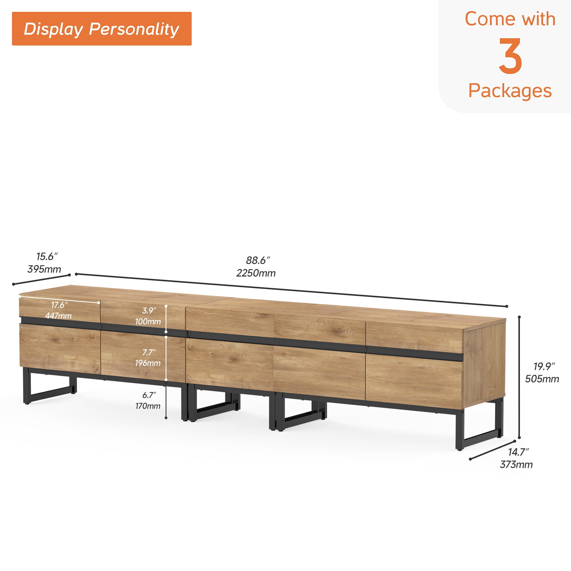 WAMPAT Modern TV Stand, 3-in-1 Entertainment Center with Storage Cabinets & Metal Base, 89" Oak, Fits TVs Up to 90"