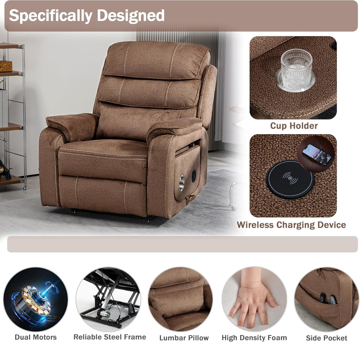 Power Lift Recliner Chair for Adults Elderly Lay Flat Velvet Recliners with Massage Heating, Extended Footrest, Wireless Charging Device, USB Ports, Cup Holder, Lumbar Pillow