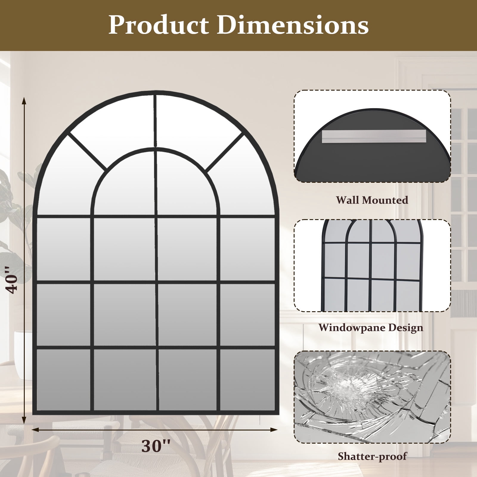 BEAUTYPEAK 30"x40" Arched Windowpane Mirror Bathroom Mirror Wall Mirror,Black