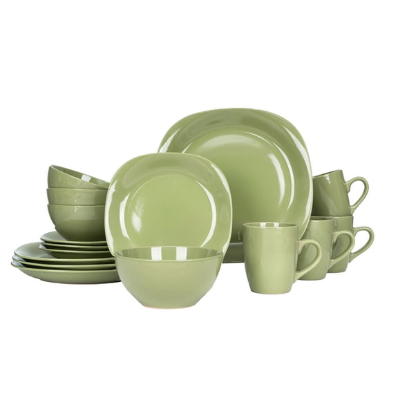 Bestone 16 Piece Round Kitchen Dinnerware Set,Plates and Bowls sets,Dishes, Plates, Bowls, Mugs, Dish Set,Plates and Bowls,Service for 4, Stoneware (Green, square)